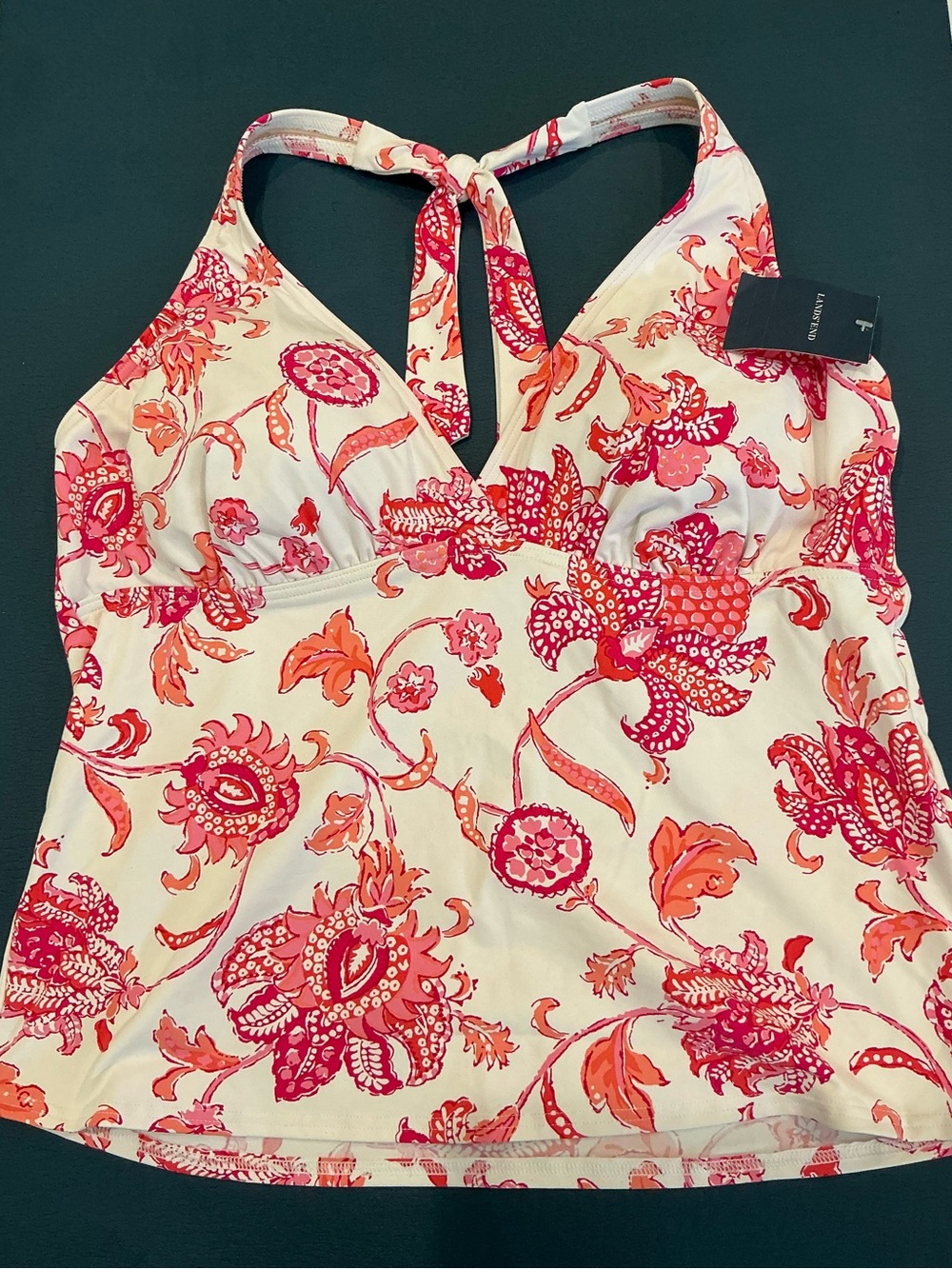 Lands' End White Tankini Top with Pink & Coral Floral Print
